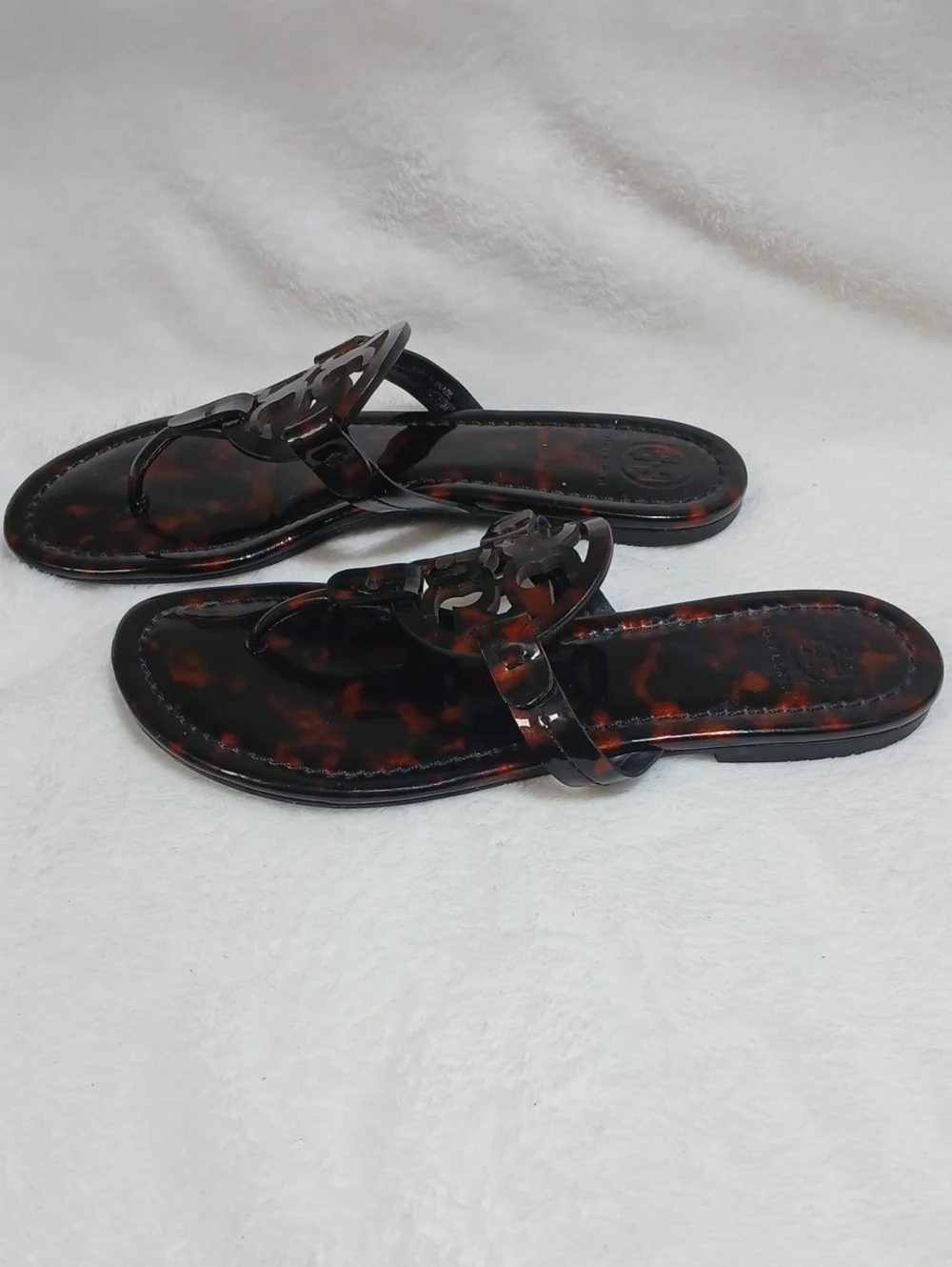 Tory Burch Miller Patent Sandal Slip-Ons In Tortoise Sz 7.5 M Women